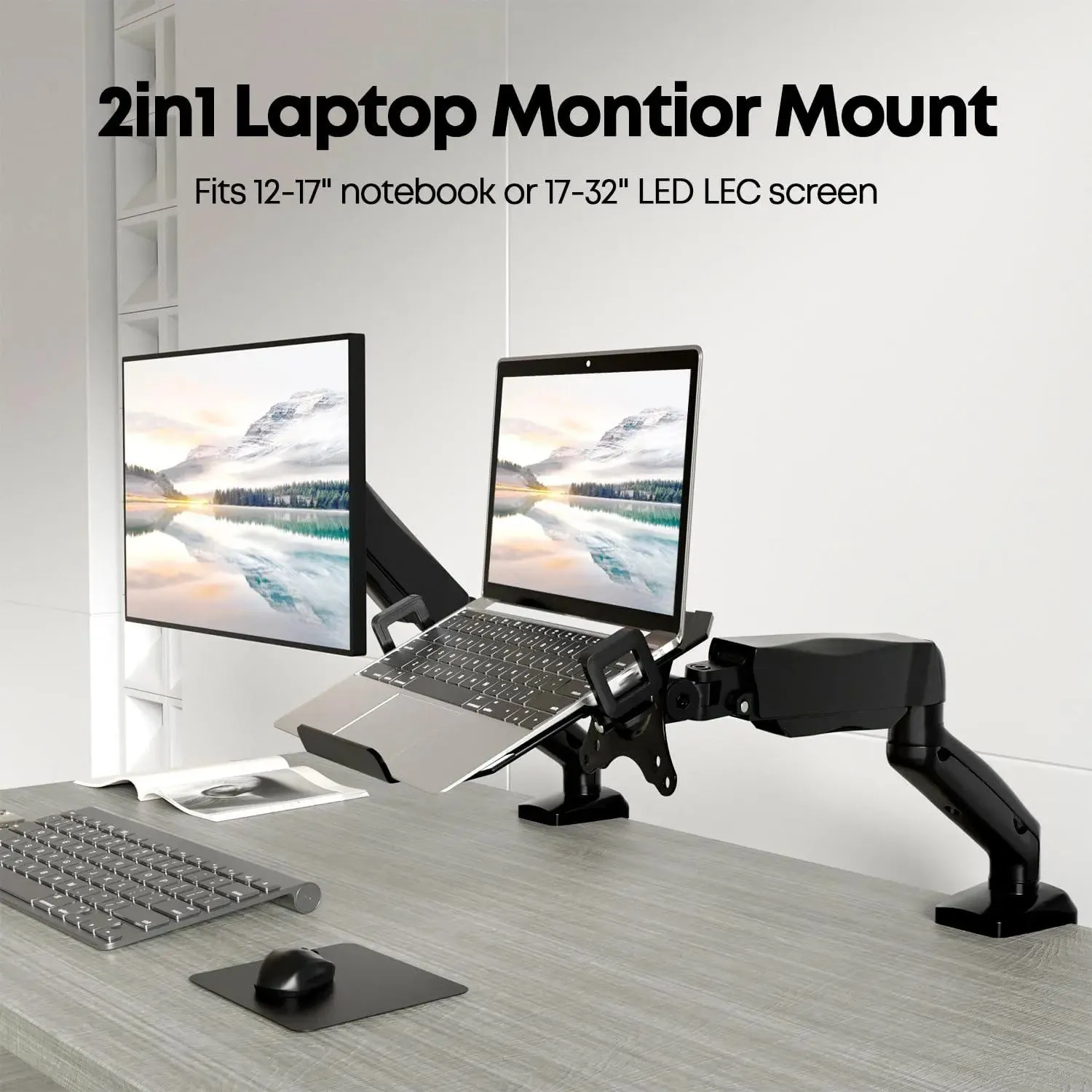 PUTORSEN 2 in 1 Laptop Arm Mount for Desk, Fit 12-17'' Notebook & 17-32'' Monitor, Single Monitor Mount with Adjustable Laptop Tray, Holds up to 19.8lbs, Clamp and Grommet Mounting