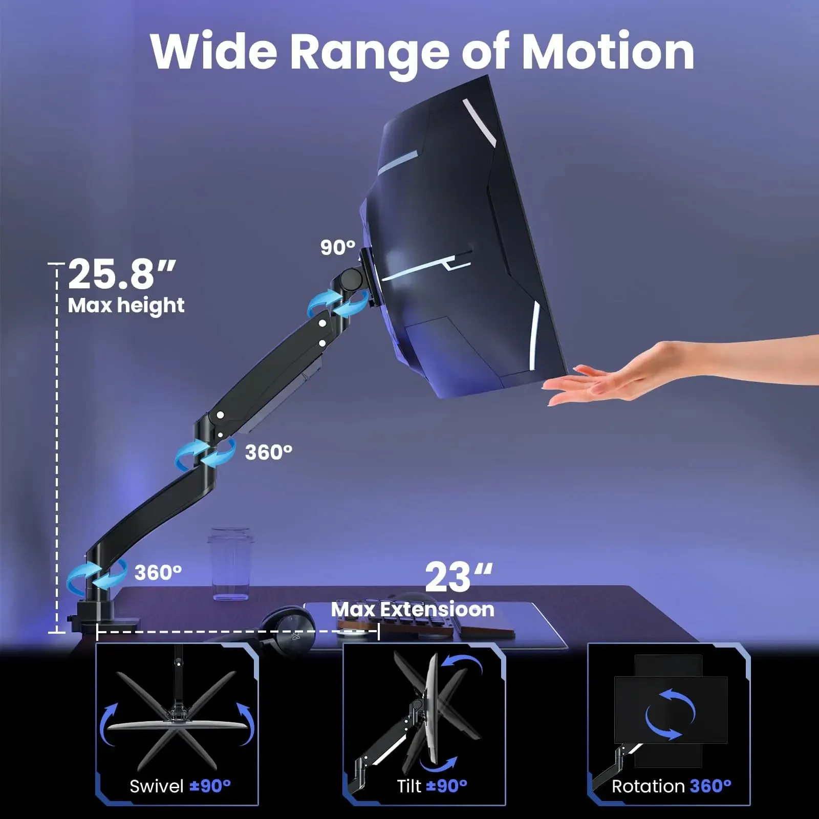 PUTORSEN 22-57 inch Single Monitor Mount, Heavy Duty Monitor Arm Desk Mount Holds up to 59.4lbs, Fully Adjustable Ultrawide Monitor Stand with Steel Monitor Mount Reinforcement Plate, VESA75/100/200