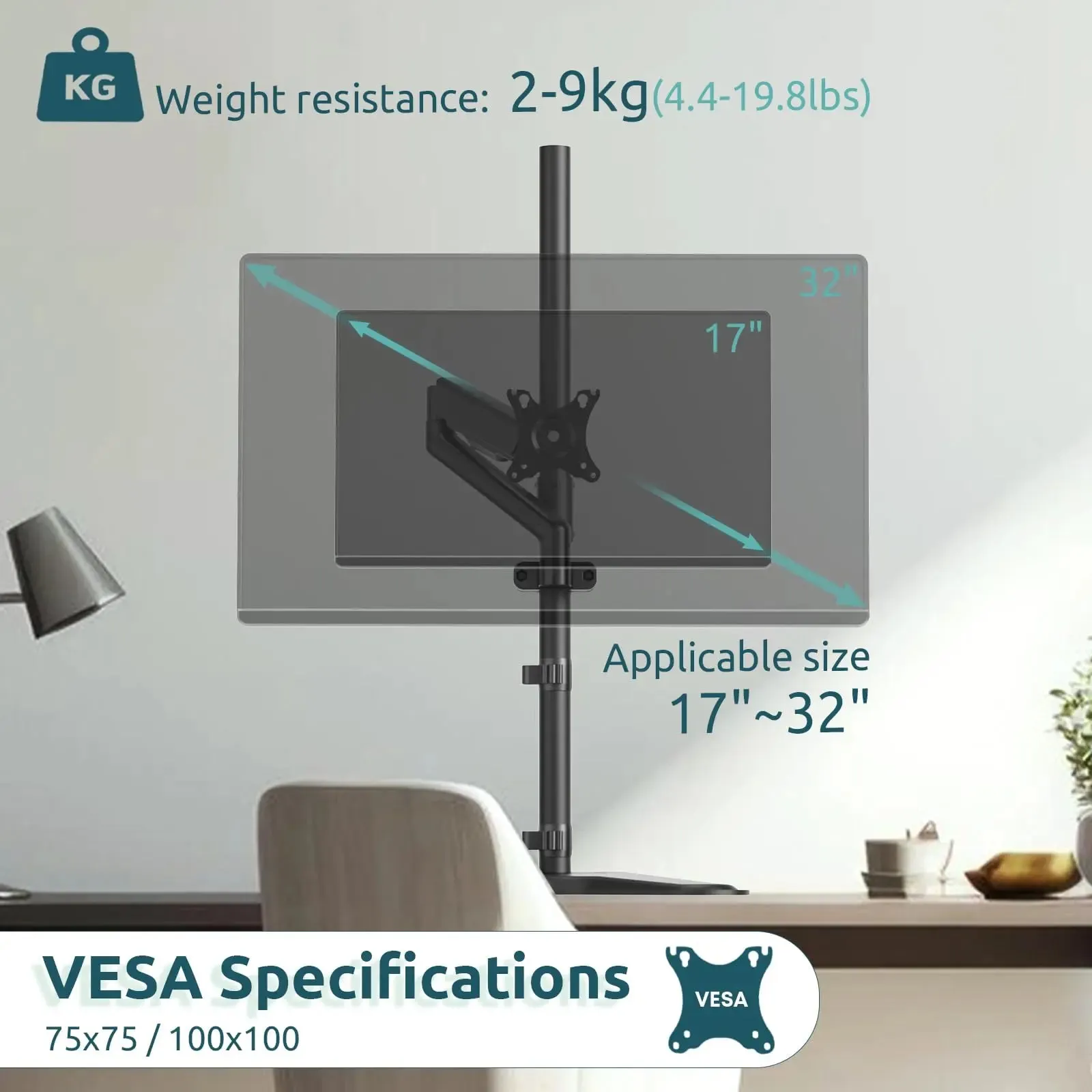 PUTORSEN VESA pole monitor mount for 17-32”Screens, Max Load 9KG