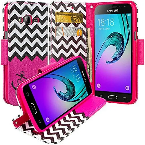 Samsung Galaxy J3 Case, J3V Case | Galaxy Express Prime Case | Galaxy Sky Case | Amp Prime Case | Galaxy Sol Wrist Strap Pu Leather Magnetic Fold Wallet Case with ID & Card Slots - Hot Pink Anchor