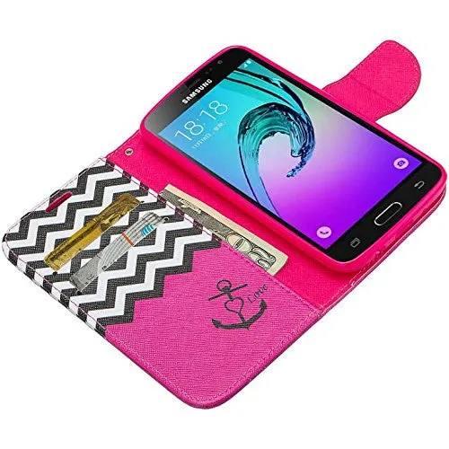 Samsung Galaxy J3 Case, J3V Case | Galaxy Express Prime Case | Galaxy Sky Case | Amp Prime Case | Galaxy Sol Wrist Strap Pu Leather Magnetic Fold Wallet Case with ID & Card Slots - Hot Pink Anchor