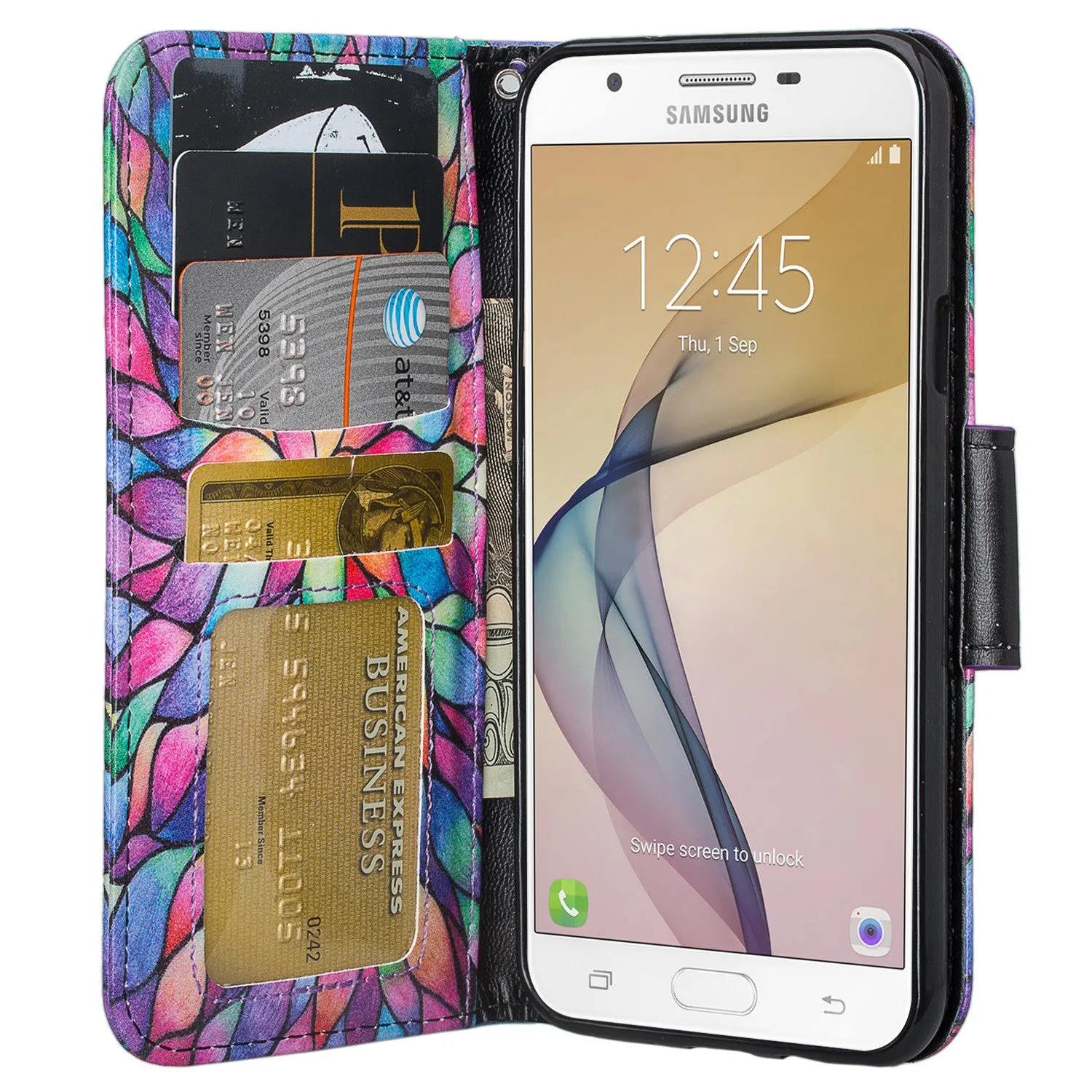 Samsung Galaxy J7 (2017) / J7 Sky Pro / J7 Perx / J7 V / J7 Prime / Galaxy Halo Case, Wrist Strap Pu Leather Magnetic Flip[Kickstand] Wallet Cover w/ Card Slots - Rainbow Flower