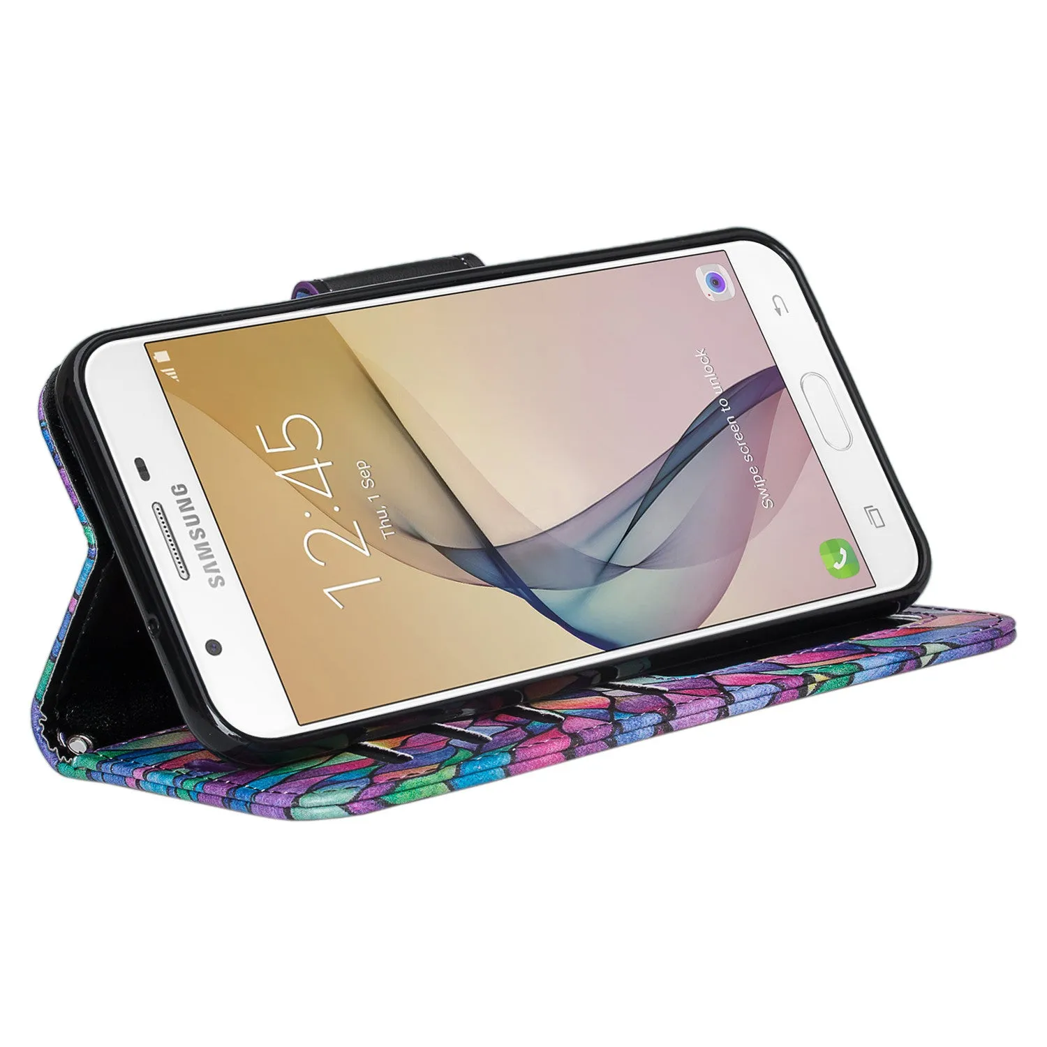 Samsung Galaxy J7 (2017) / J7 Sky Pro / J7 Perx / J7 V / J7 Prime / Galaxy Halo Case, Wrist Strap Pu Leather Magnetic Flip[Kickstand] Wallet Cover w/ Card Slots - Rainbow Flower