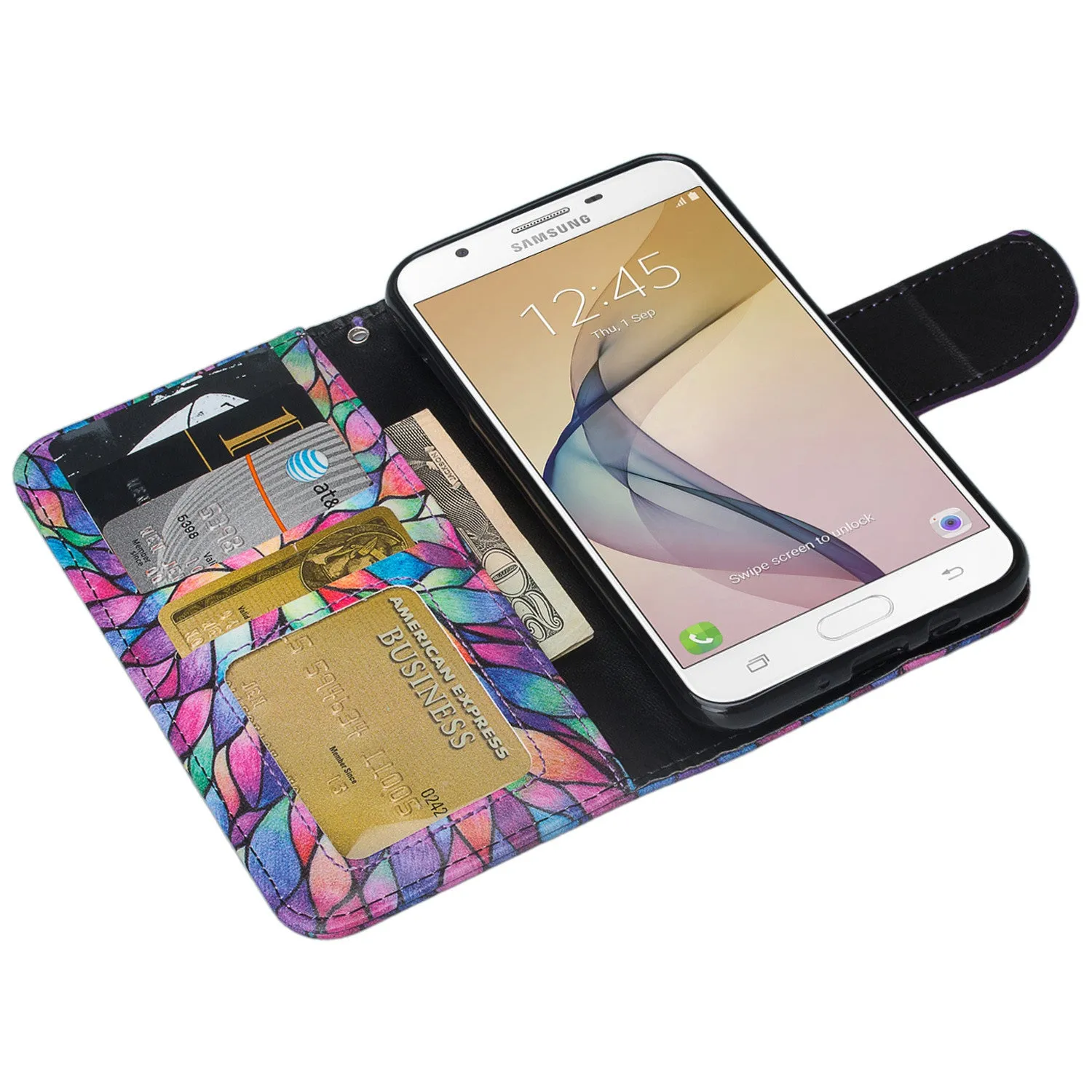 Samsung Galaxy J7 (2017) / J7 Sky Pro / J7 Perx / J7 V / J7 Prime / Galaxy Halo Case, Wrist Strap Pu Leather Magnetic Flip[Kickstand] Wallet Cover w/ Card Slots - Rainbow Flower