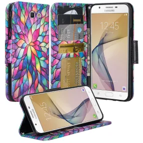 Samsung Galaxy J7 (2017) / J7 Sky Pro / J7 Perx / J7 V / J7 Prime / Galaxy Halo Case, Wrist Strap Pu Leather Magnetic Flip[Kickstand] Wallet Cover w/ Card Slots - Rainbow Flower