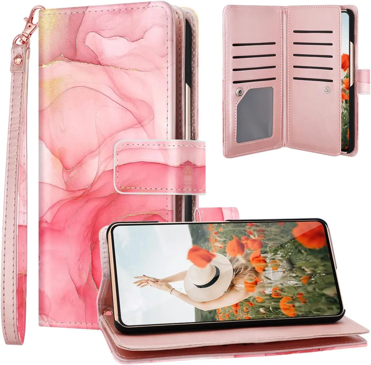 Samsung Galaxy S24 Plus Wallet Marble Rose Gold PU Strap Fullbody Girls Phone Case