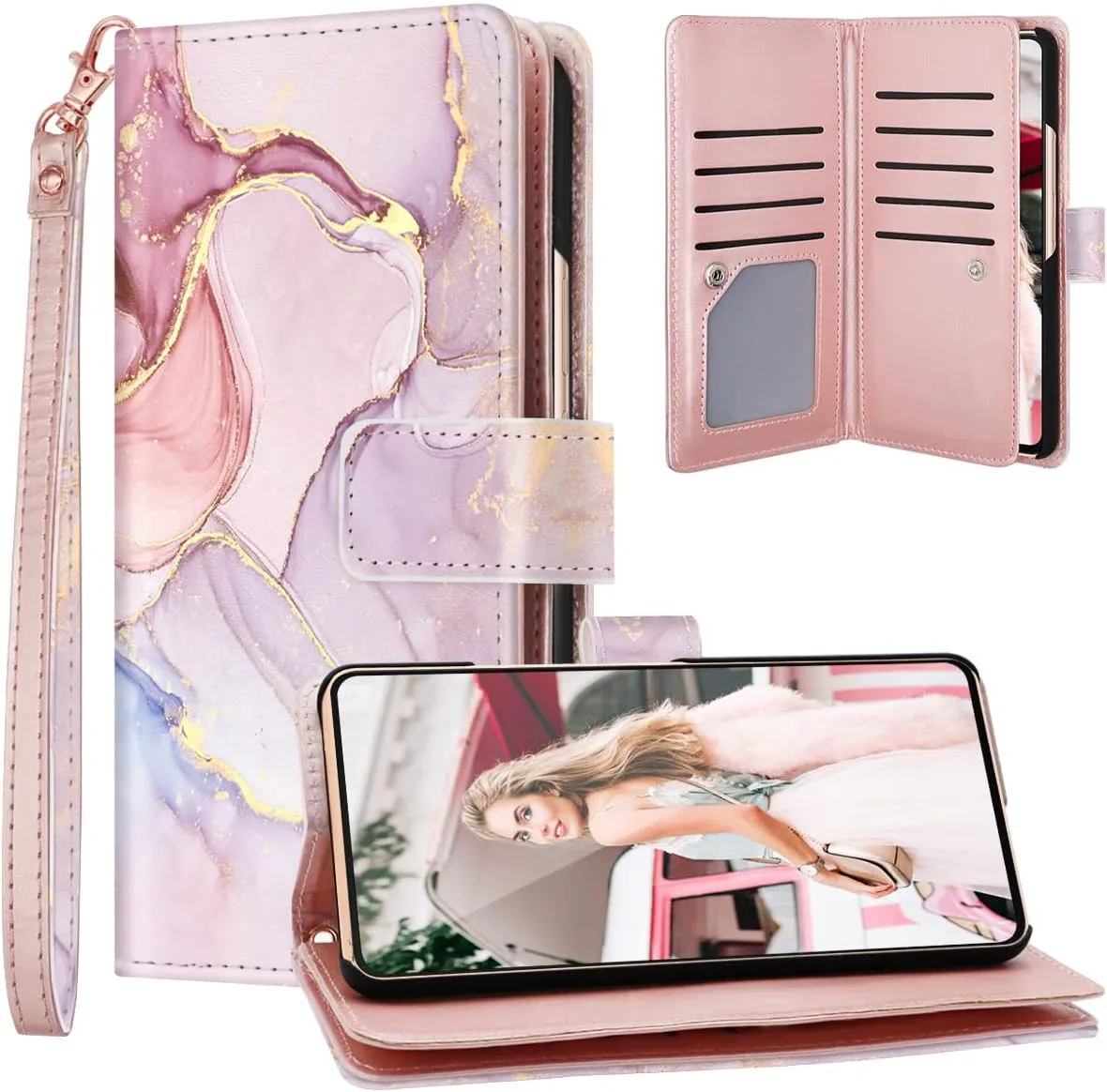 Samsung Galaxy S24 Plus Wallet Marble Rose Gold PU Strap Fullbody Girls Phone Case