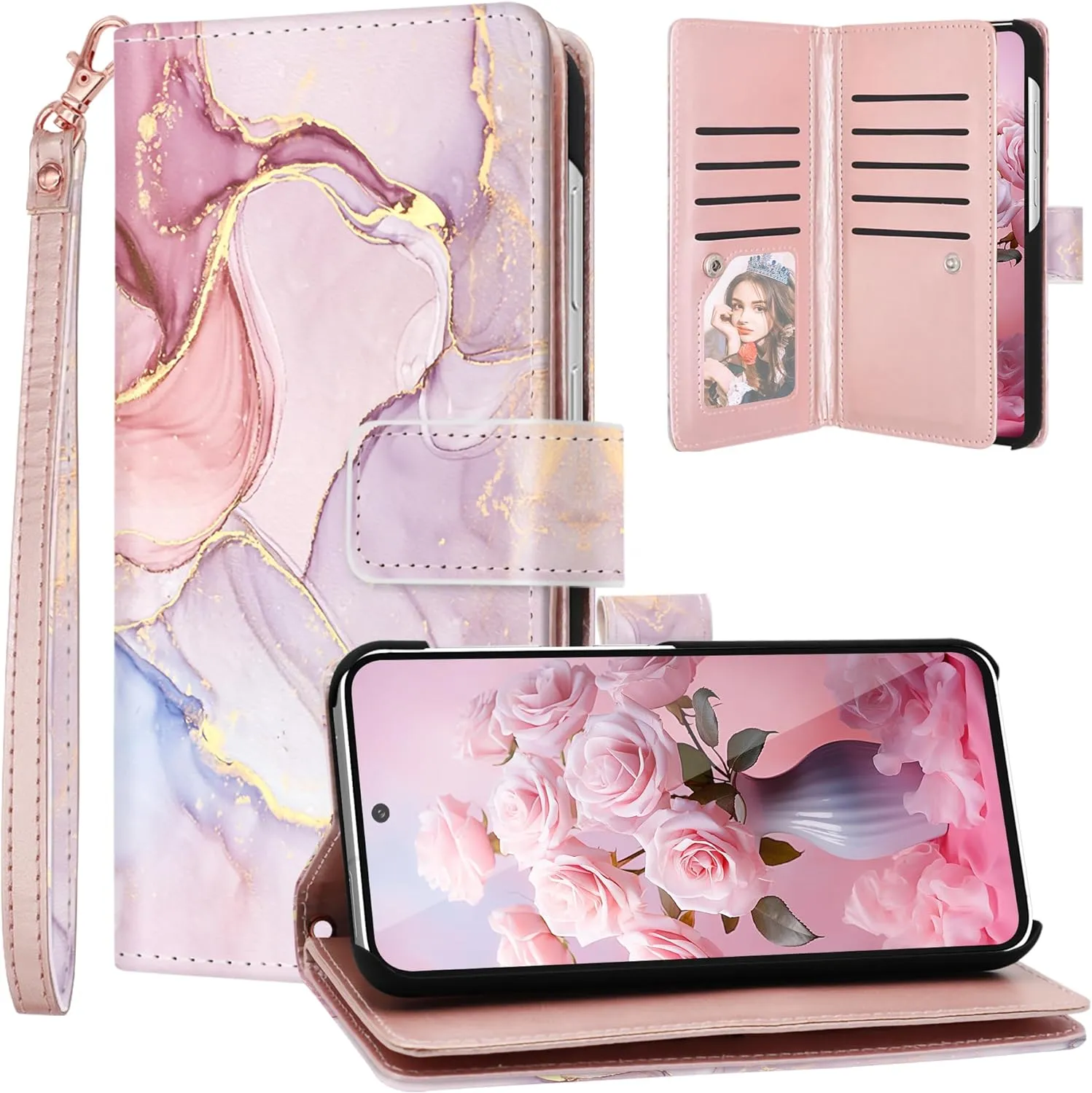 Samsung Galaxy S24 Plus Wallet Marble Rose Gold PU Strap Fullbody Girls Phone Case