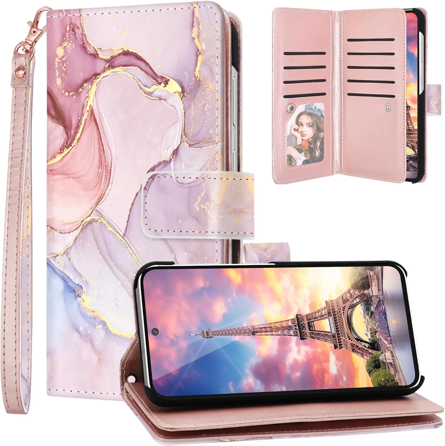 Samsung Galaxy S24 Plus Wallet Marble Rose Gold PU Strap Fullbody Girls Phone Case