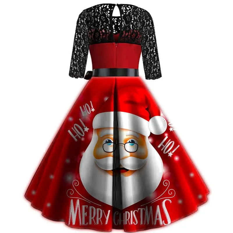 Santa Face Christmas Lace Mid-length Dress for Festive Fun