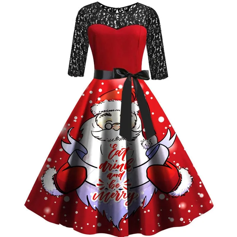 Santa Face Christmas Lace Mid-length Dress for Festive Fun