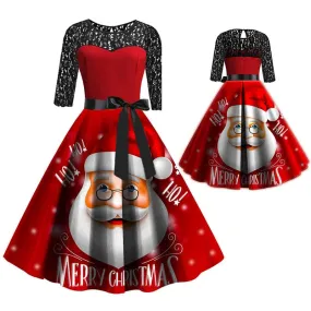 Santa Face Christmas Lace Mid-length Dress for Festive Fun