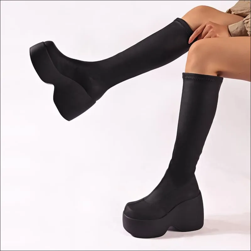 Women's High Chunky Platform Elasticated Knee-length Boots