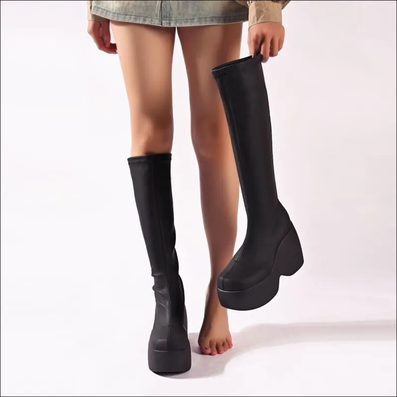 Women's High Chunky Platform Elasticated Knee-length Boots