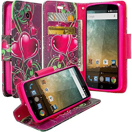 ZTE Prestige Case | ZTE Sonata 3 | ZTE Avid Plus | ZTE Avid Trio Pu Leather Magnetic Flip Fold[Kickstand] Wrist Strap Wallet Case with ID & Card Slots for ZTE Prestige/Sonata3/Avid/Avid Plus - Heart Strings